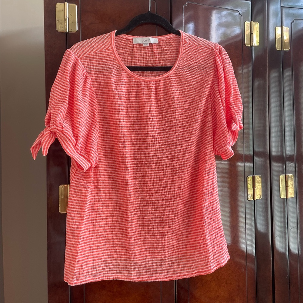 Loft Ribbed Red & White Striped Tie Arm Tee - Size XL